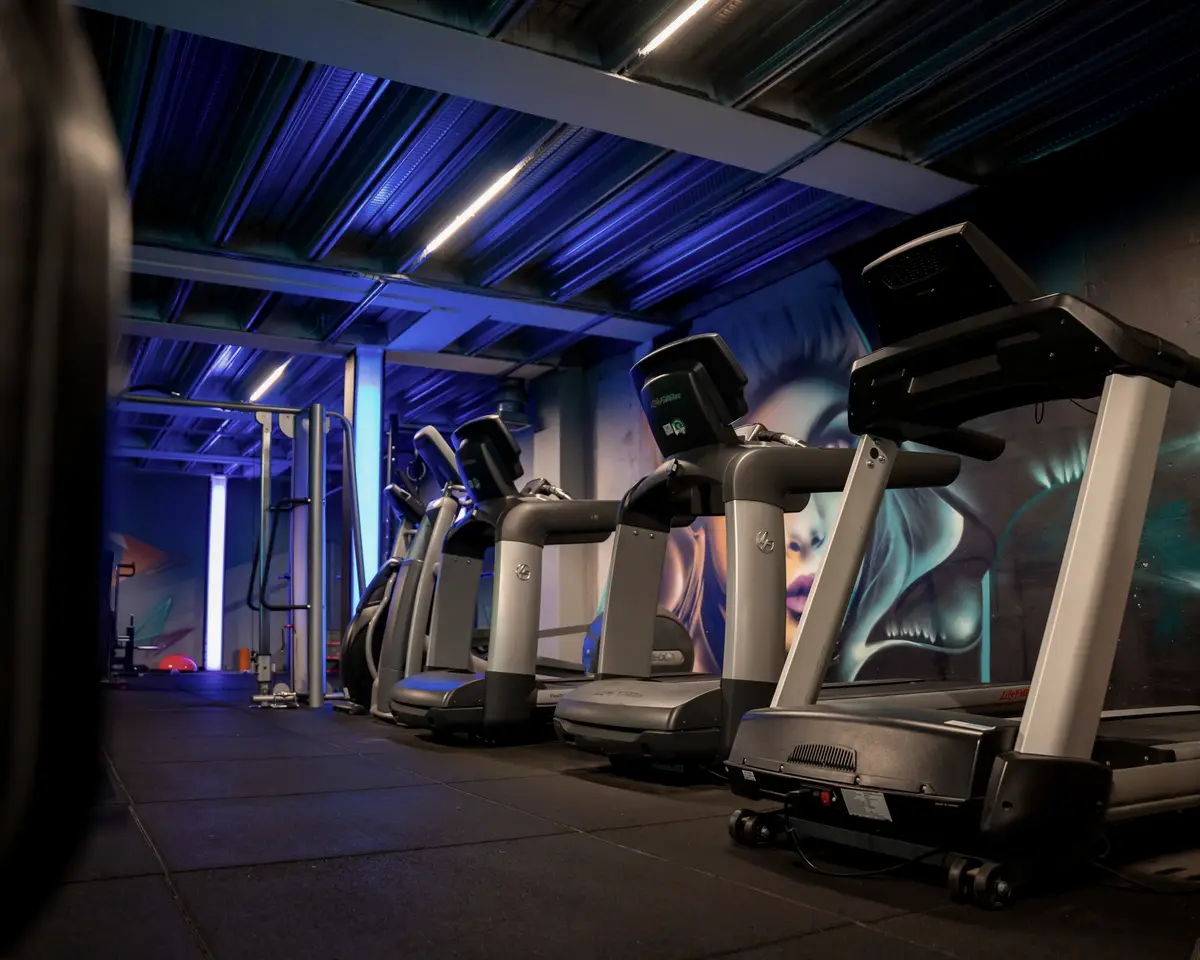 Esteiras lado a lado em área de cardio iluminada por luz azul